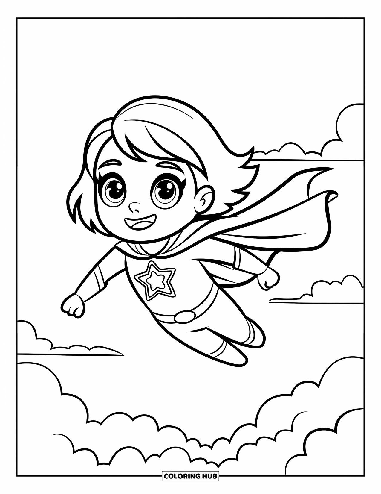 Girl Power Coloring Page for Kids: A flying superhero girl beams in the sky wearing a star badge