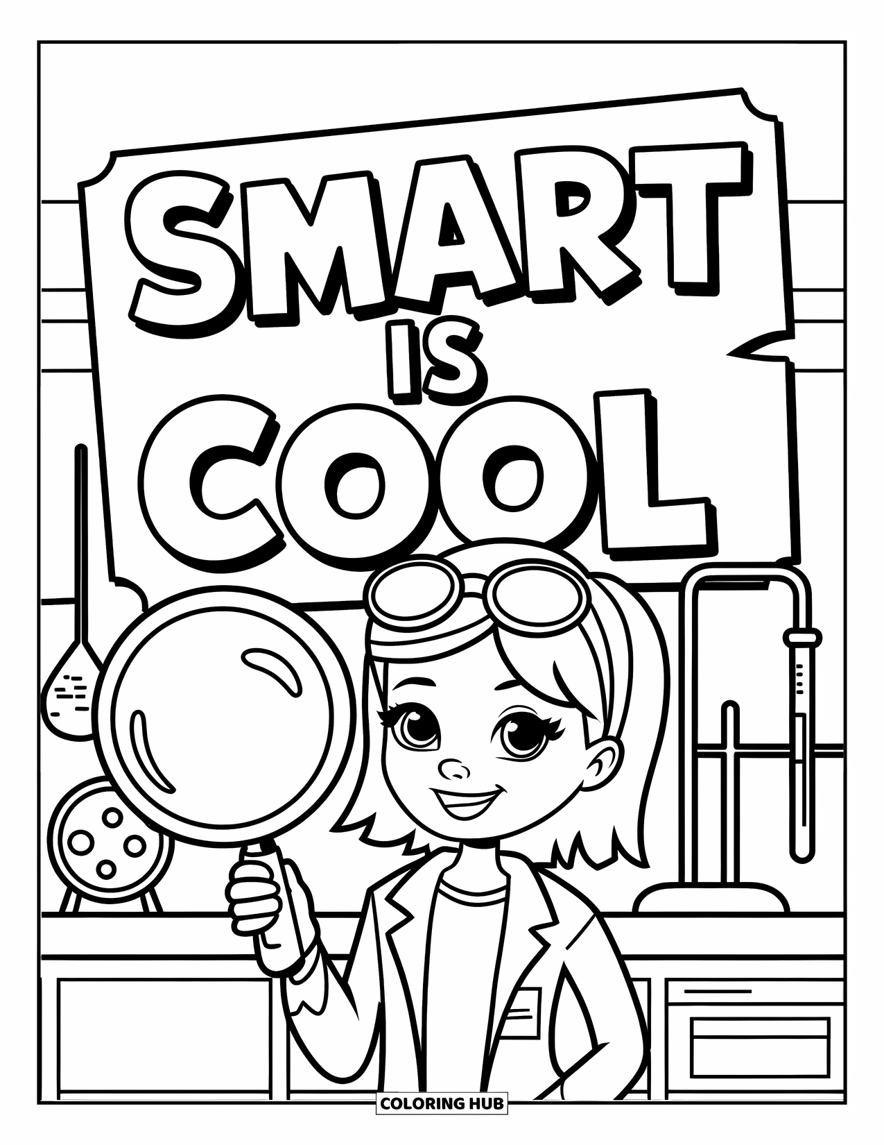 Girl Power Coloring Page for Kids: A girl in goggles stands tall in a lab under a bold "Smart is Cool" sign