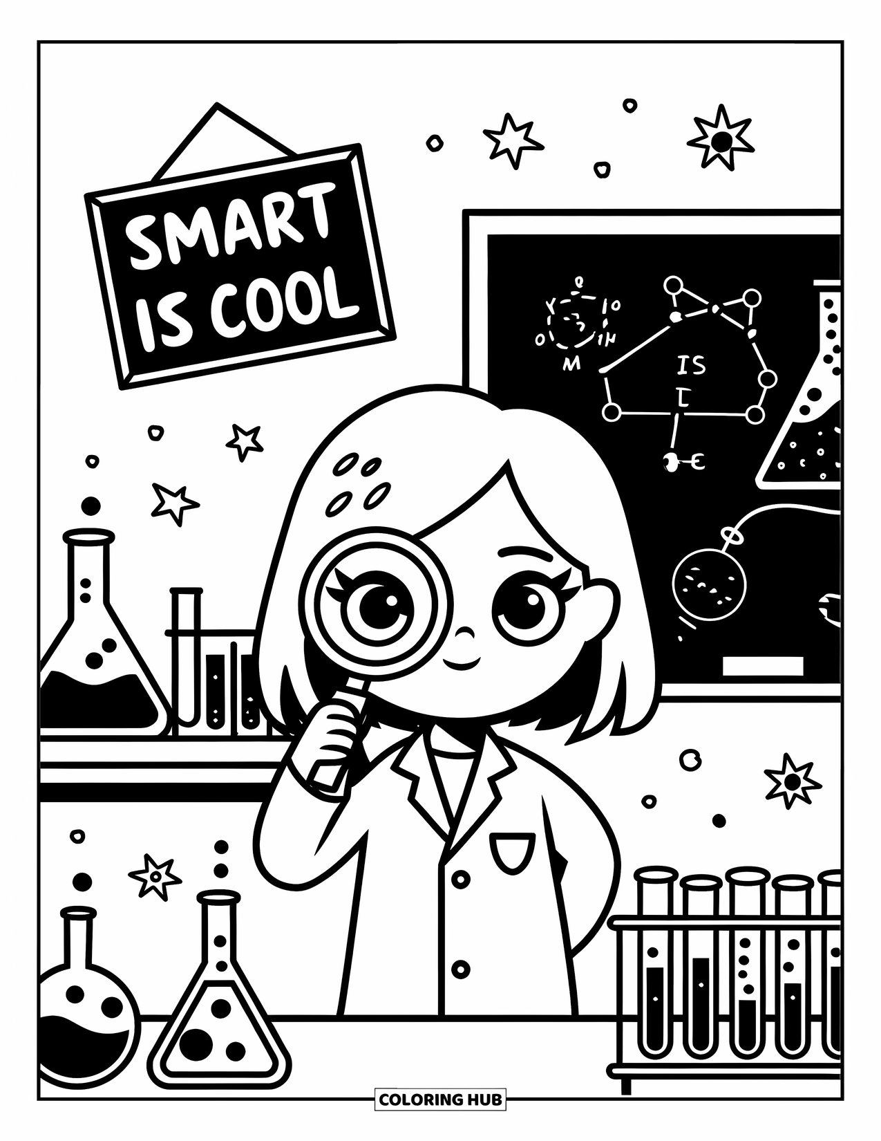Girl Power Coloring Page for Kids: A girl studies beakers and chalkboards with "Smart is Cool" above her