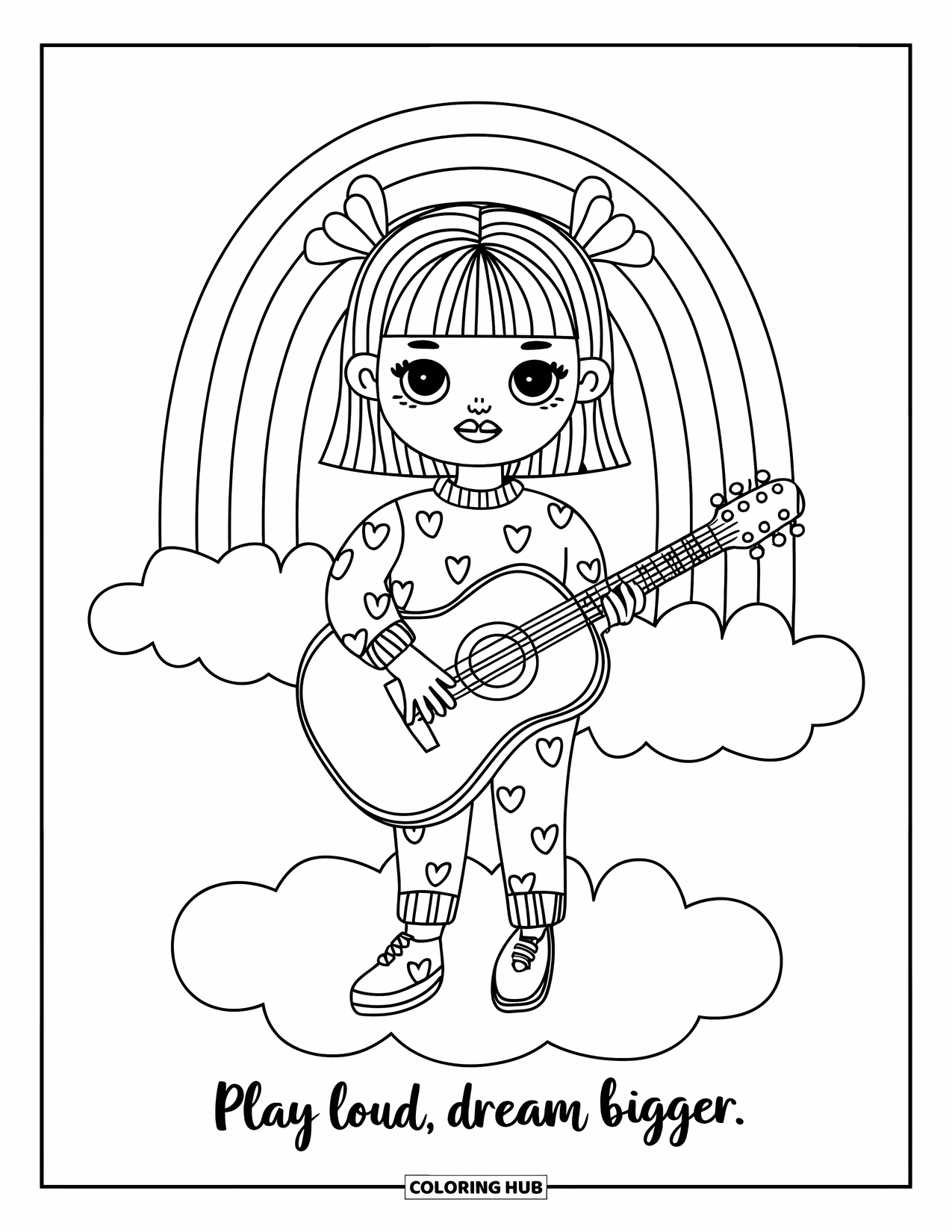 Girl Power Coloring Page for Kids: A girl with heart-print clothes and guitar stands under a rainbow