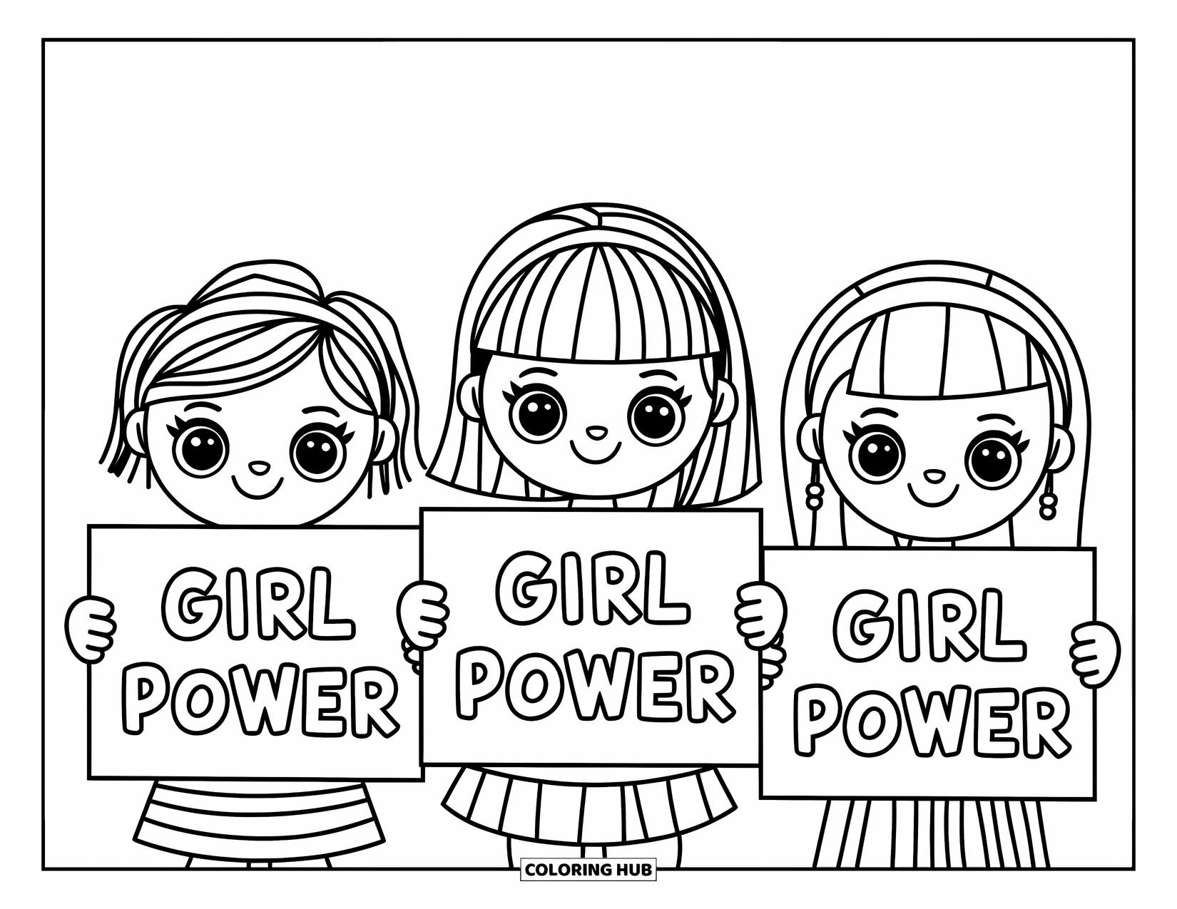 Girl Power Coloring Page for Kids: A joyful trio of girls shows unity with matching "Girl Power" signs