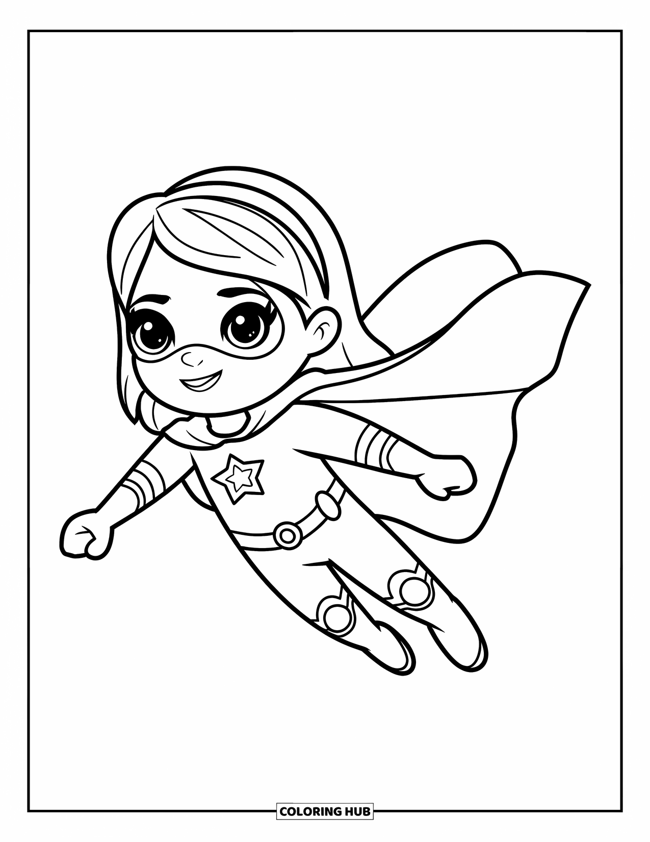 Girl Power Coloring Page for Kids: A pink-haired superhero girl strikes a flying pose with a star on her chest