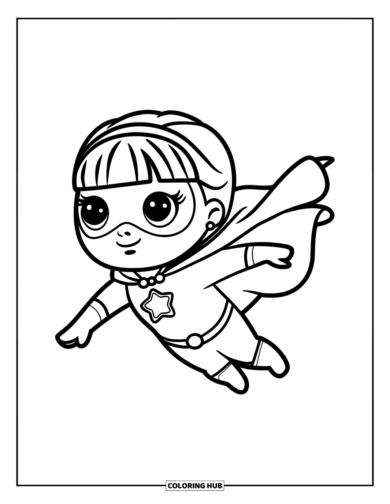Girl Power Coloring Page for Kids: A round-faced superhero girl soars with a star badge on her chest