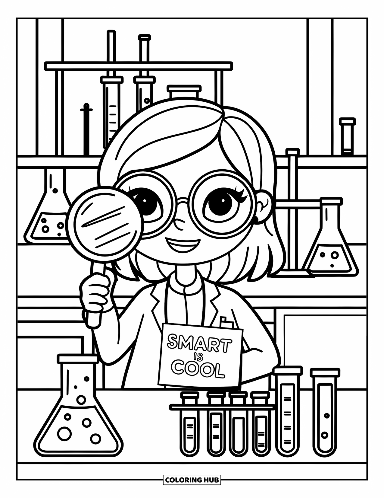 Girl Power Coloring Page for Kids: A science-loving girl peers through a magnifying glass with "Smart is Cool"