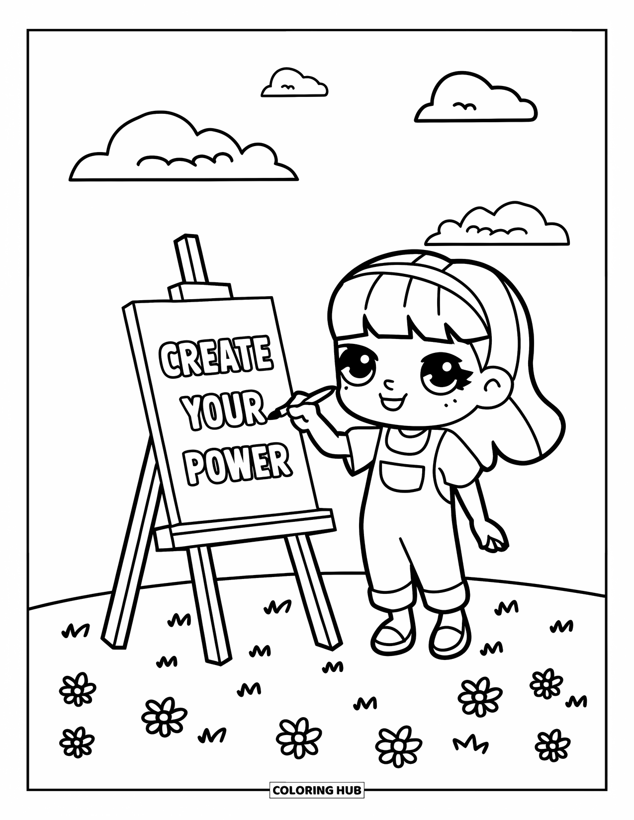Girl Power Coloring Page for Kids: A smiling artist paints outside on a bright day under "Create Your Power"