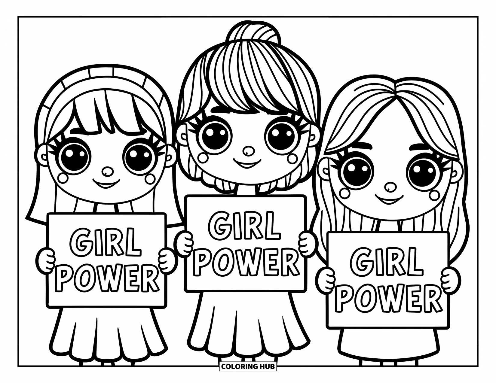 Girl Power Coloring Page for Kids: Three cute girls with glasses hold up "Girl Power" signs together