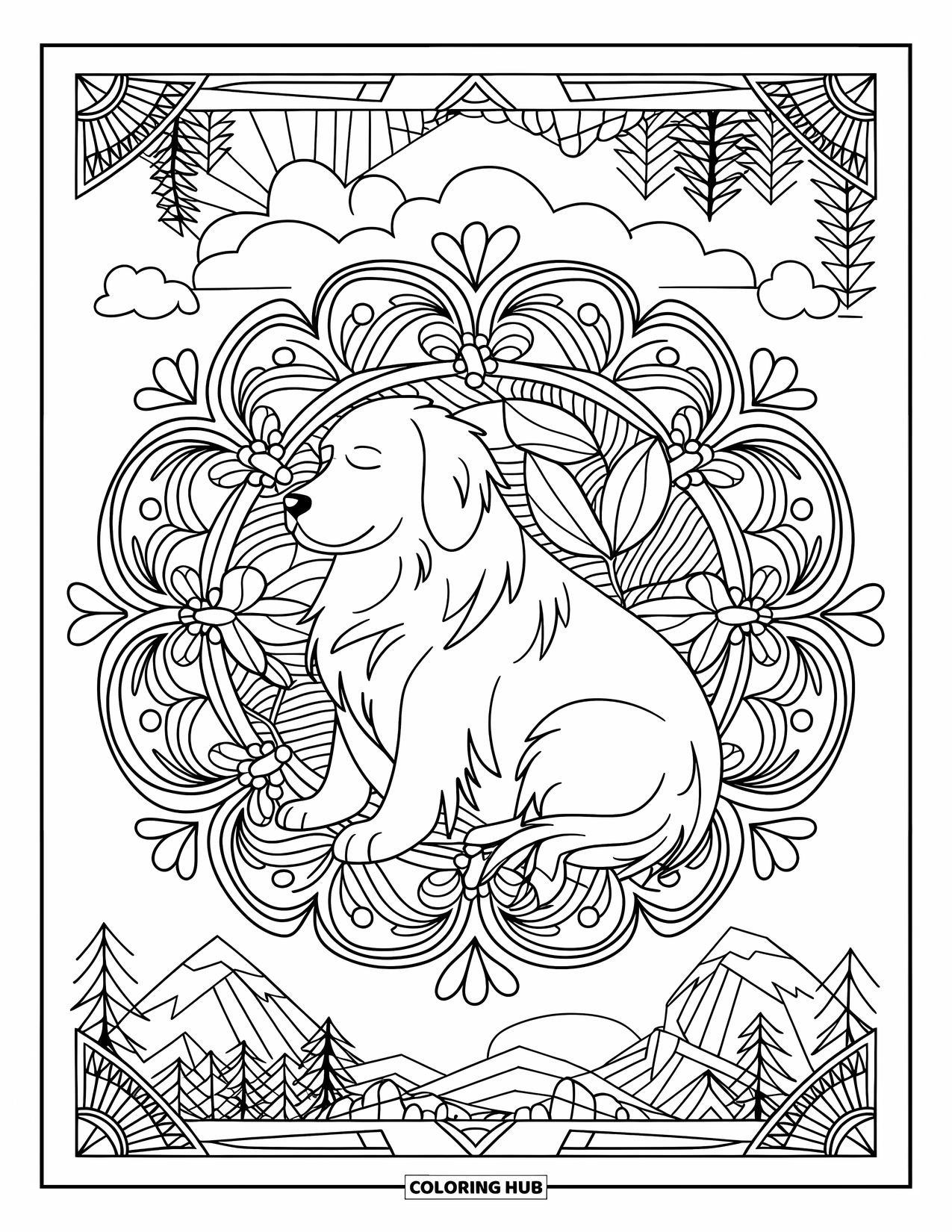 Golden Retriever Coloring Page for Adults: A calm dog sits at the heart of a floral mandala surrounded by clouds and mountains