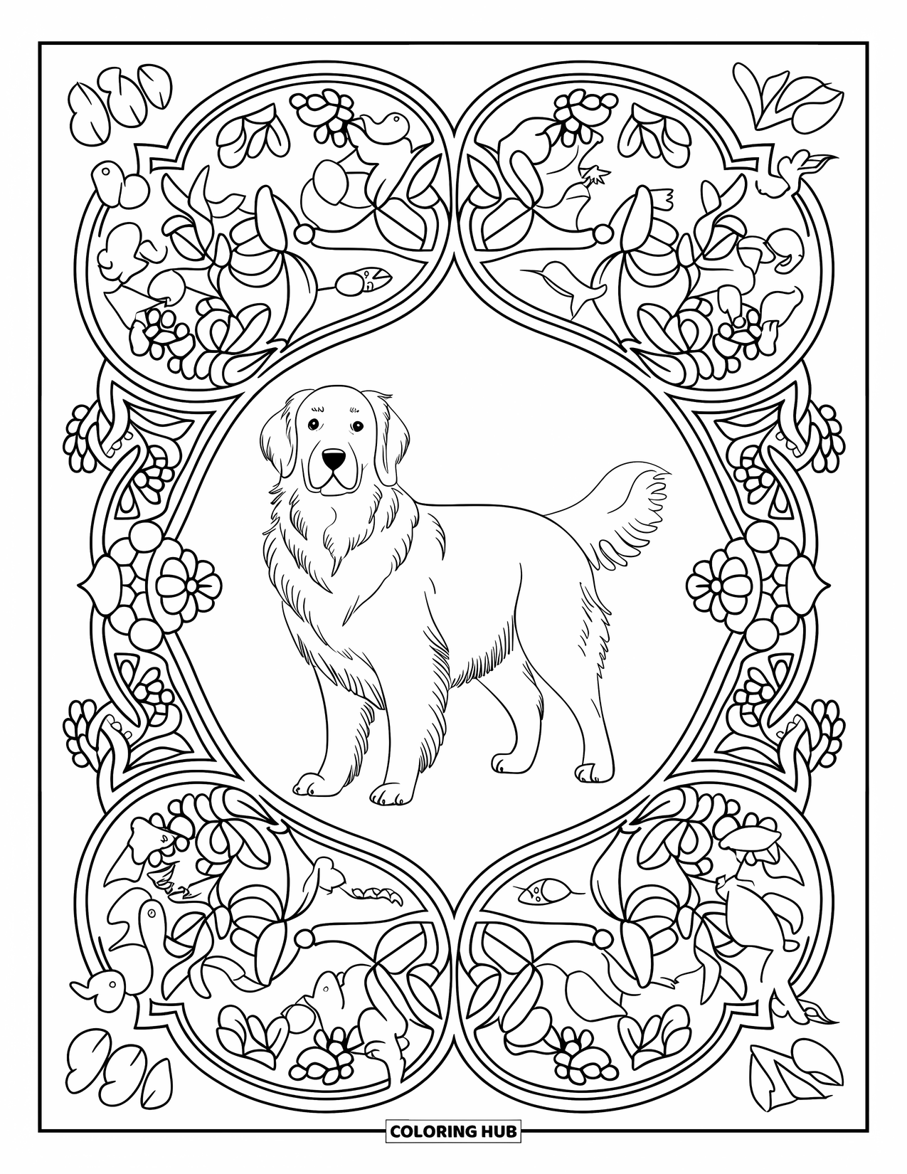 Golden Retriever Coloring Page for Adults: A fluffy pup stands in front of a floral mandala with birds and rabbits nearby