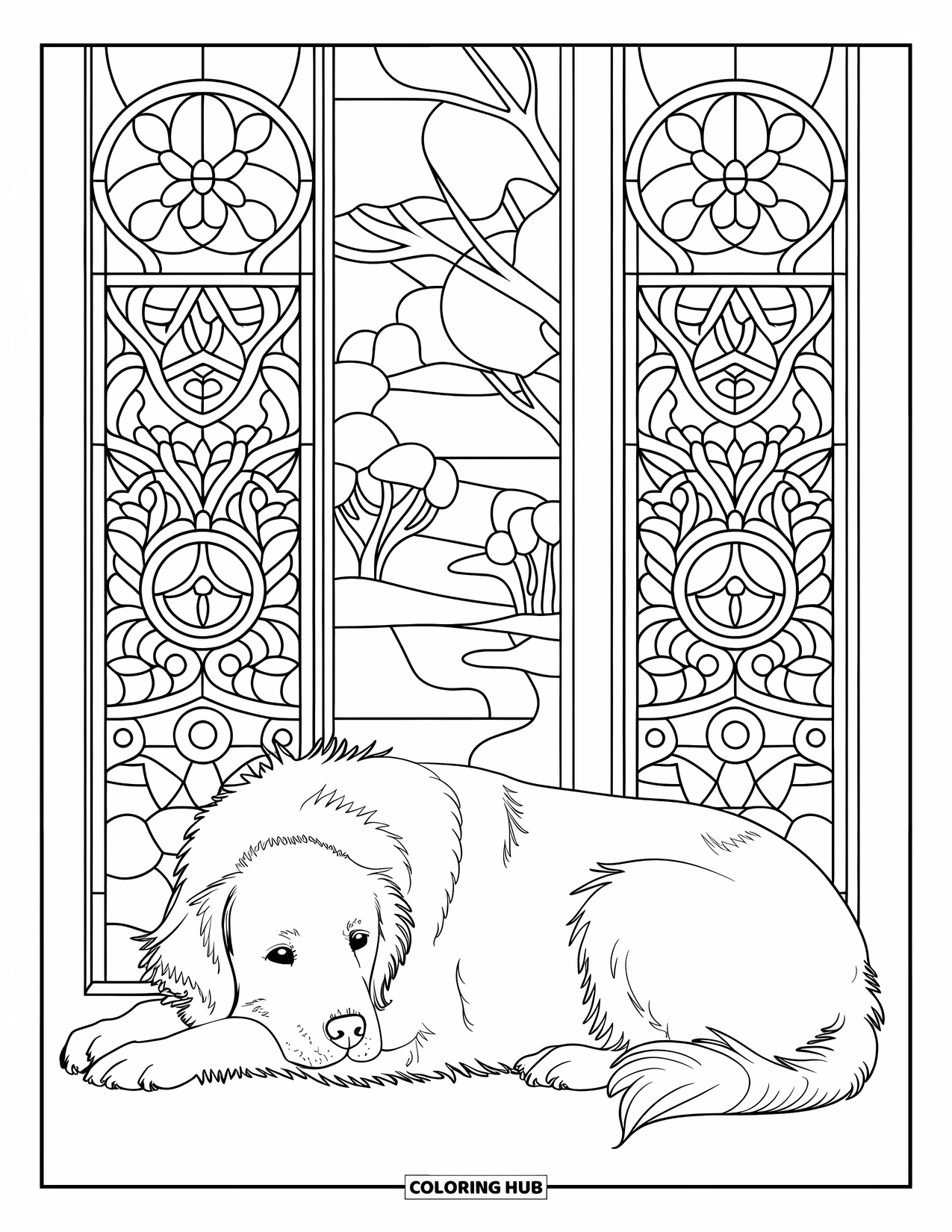 Golden Retriever Coloring Page for Adults: A peaceful pup lies among stained glass with shapes, flowers, animals, and a quiet landscape