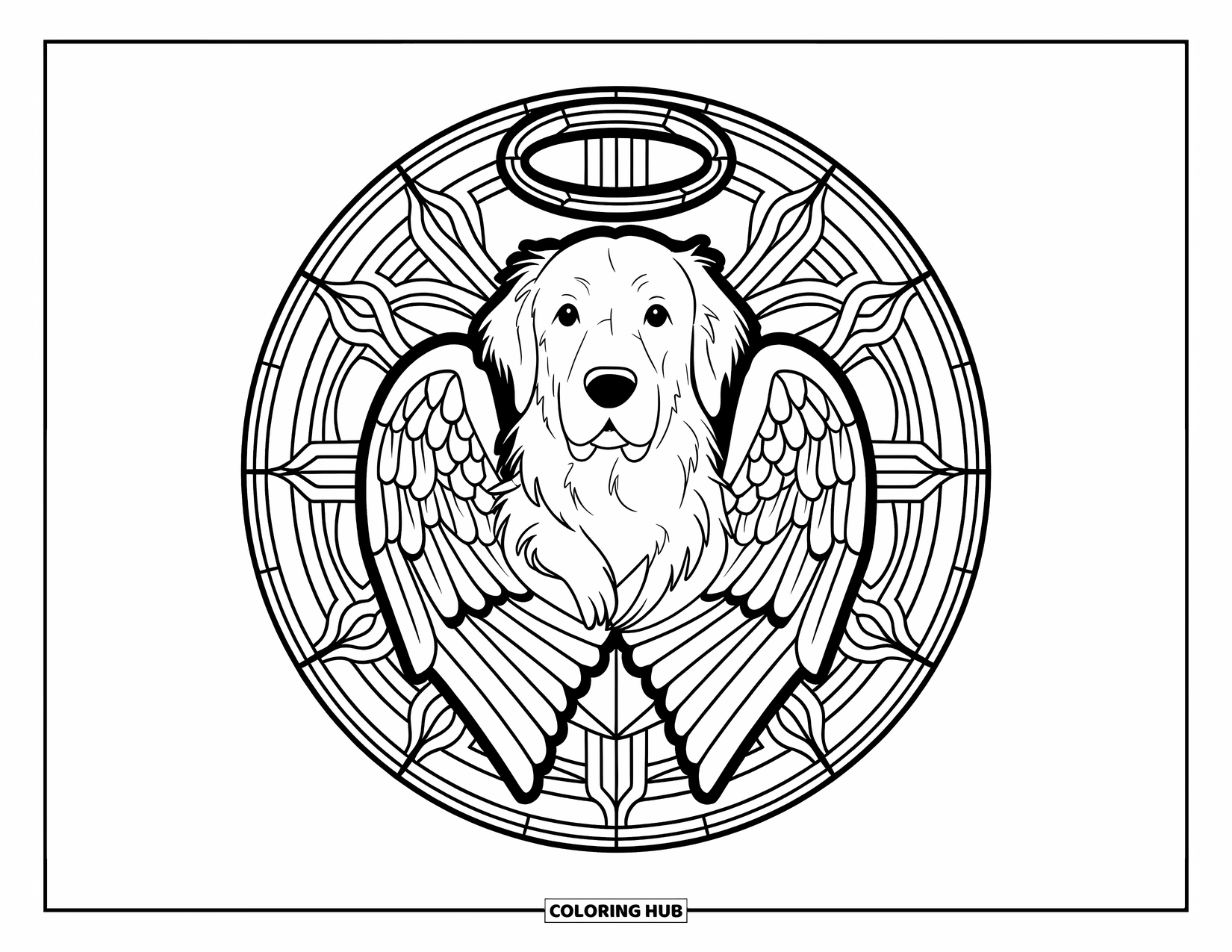 Golden Retriever Coloring Page for Adults: A serene dog sits peacefully in an intricate angelic stained glass circle