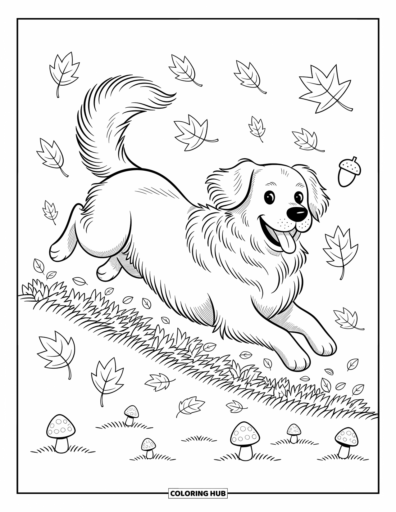 Golden Retriever Coloring Page for Adults: Falling leaves swirl around the dog as it dives into a cozy autumn scene