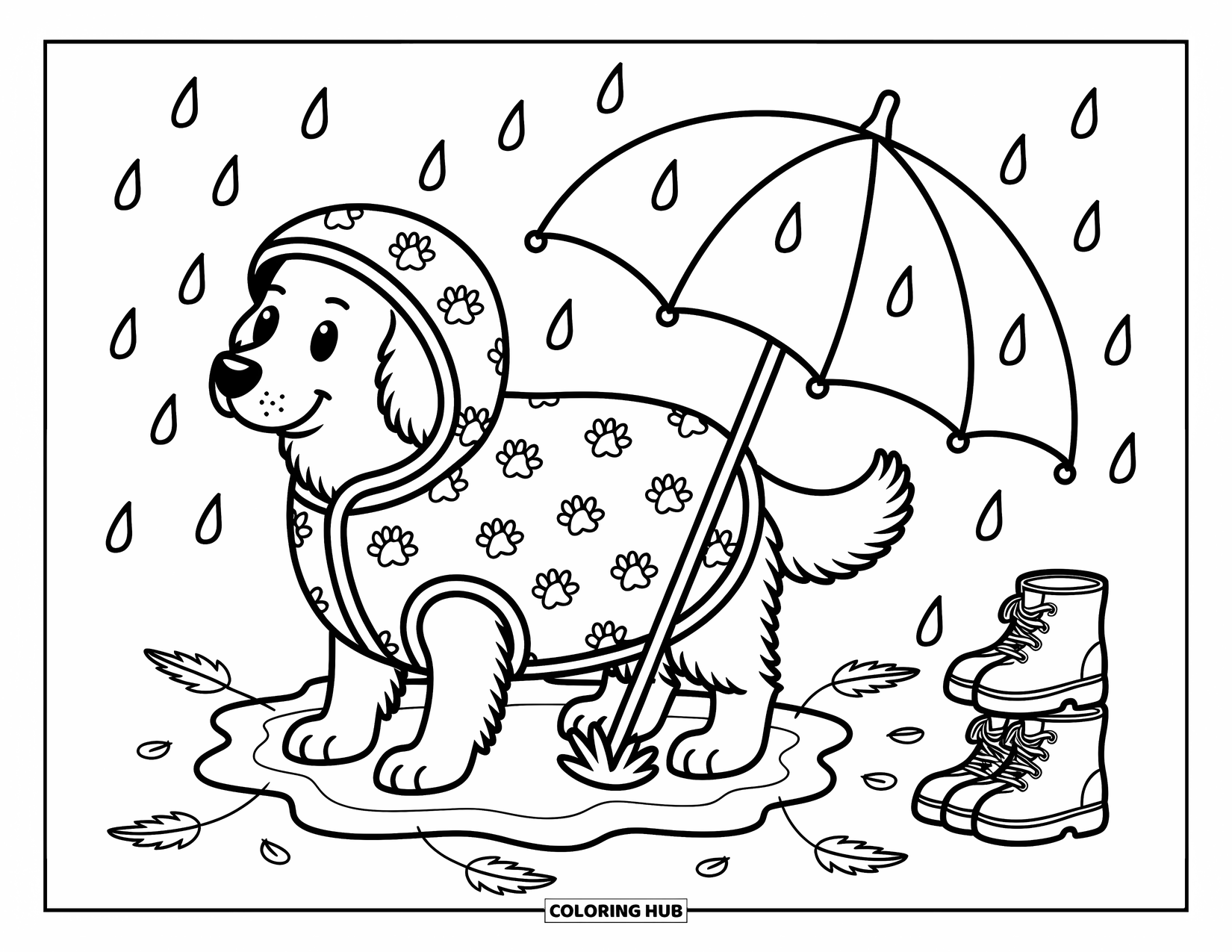 Golden Retriever Coloring Page for Adults: The dog plays in gentle rain with floating leaves, a cozy coat, and little rain boots