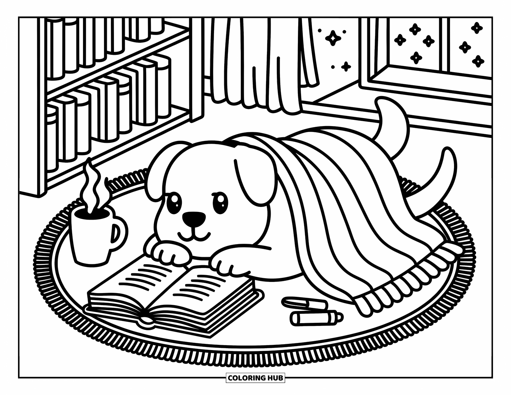 Golden Retriever Coloring Page for Adults: The dog relaxes on a rug with a book and steaming mug beside a glowing lamp