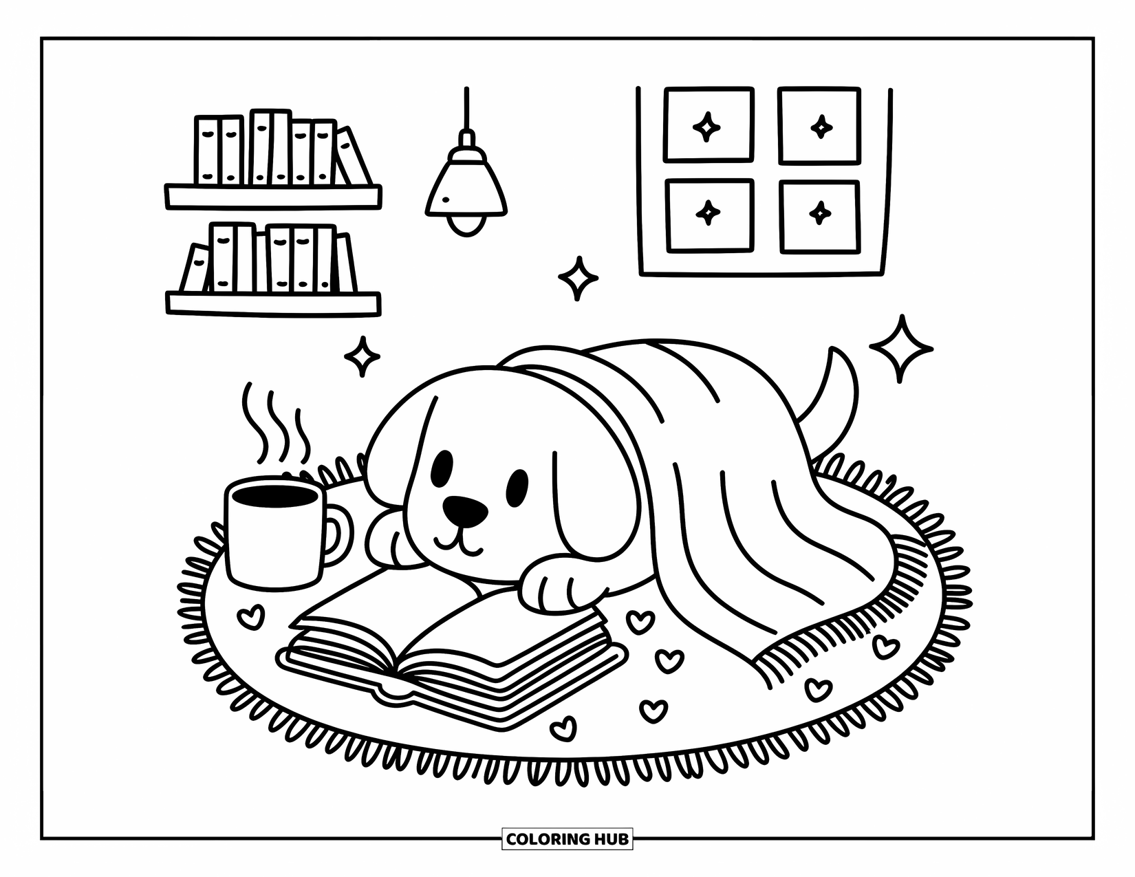 Golden Retriever Coloring Page for Adults: The pup enjoys a warm drink and book while stars twinkle through the window