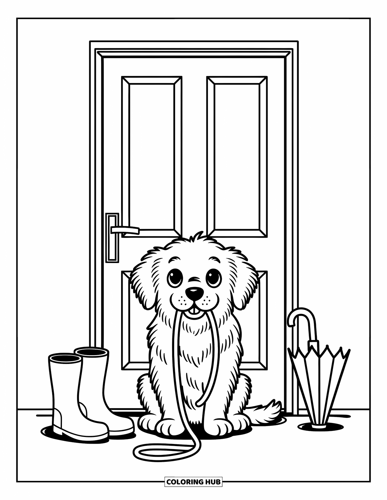 Golden Retriever Coloring Page for Adults: The retriever holds its leash near a door, with boots and a tiny umbrella beside it