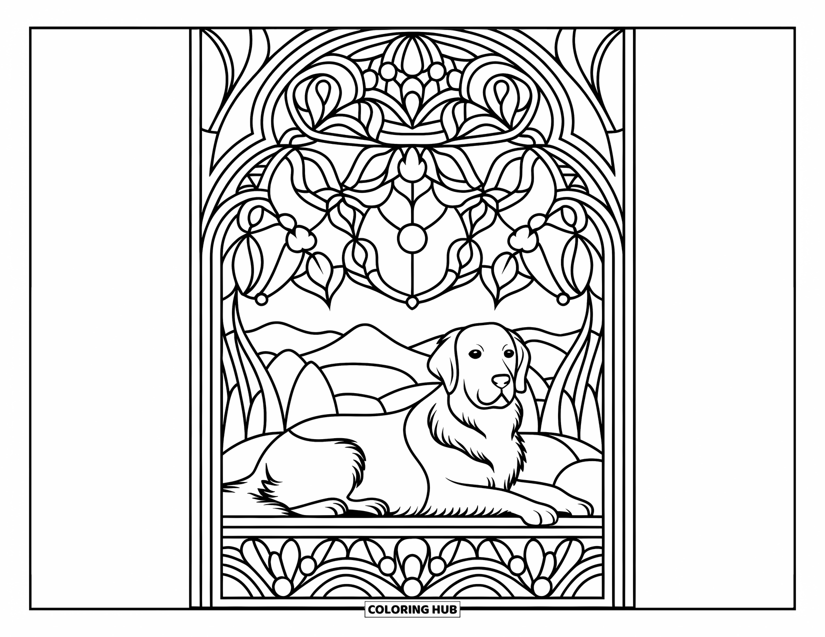 Golden Retriever Coloring Page for Adults: The retriever lies peacefully beneath a stained glass canopy of blossoms and leaves