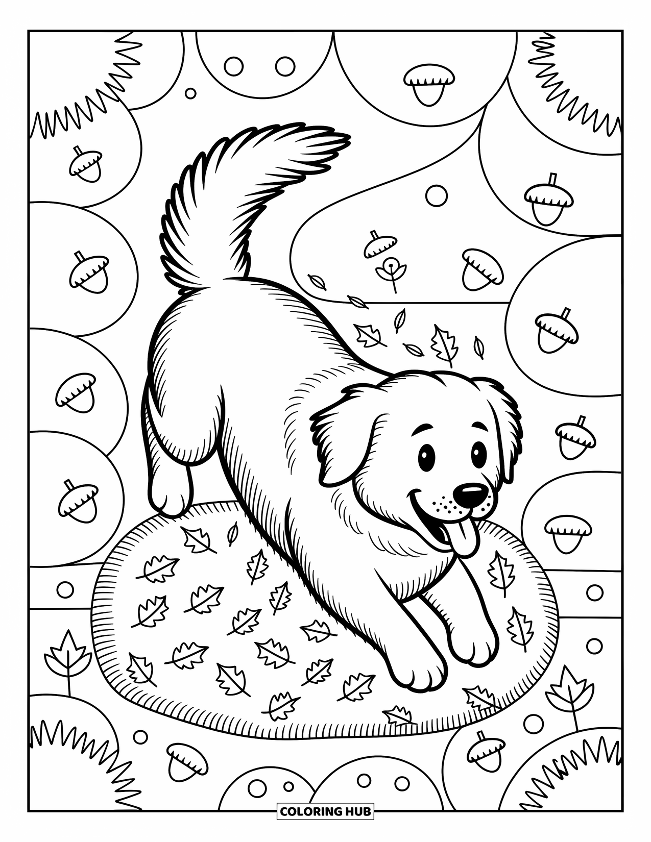 Golden Retriever Coloring Page for Adults: The retriever pounces into a leaf pile with a joyful tail wag and floppy ears