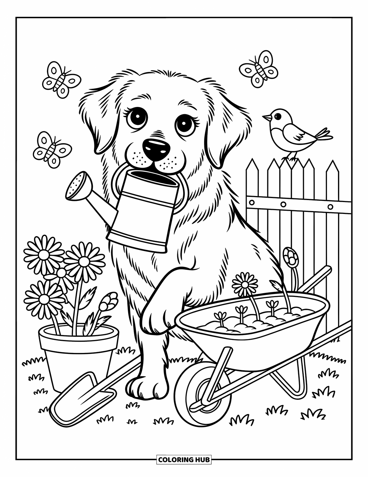 Golden Retriever Coloring Page for Adults: With a paw on a shovel, the retriever waters flowers in a cheerful garden