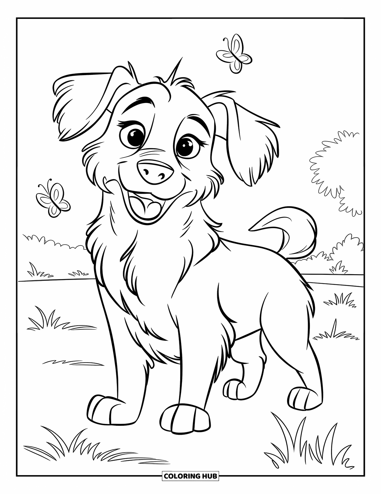Golden Retriever Coloring Page for Kids: A cheerful golden retriever stands in a field with butterflies fluttering nearby