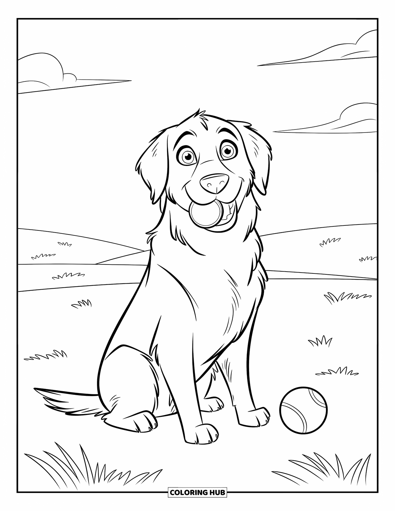 Golden Retriever Coloring Page for Kids: A cheerful pup holds a tennis ball under a bright sky