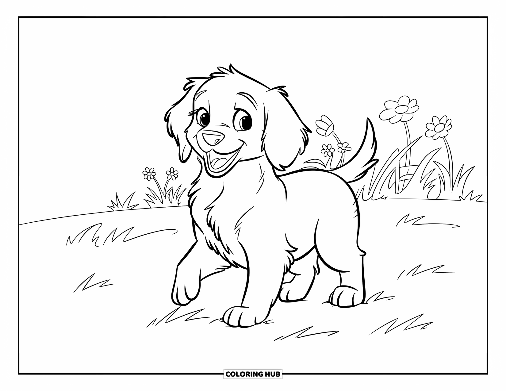Golden Retriever Coloring Page for Kids: A cheerful puppy wags its tail while standing near bright blooming flowers