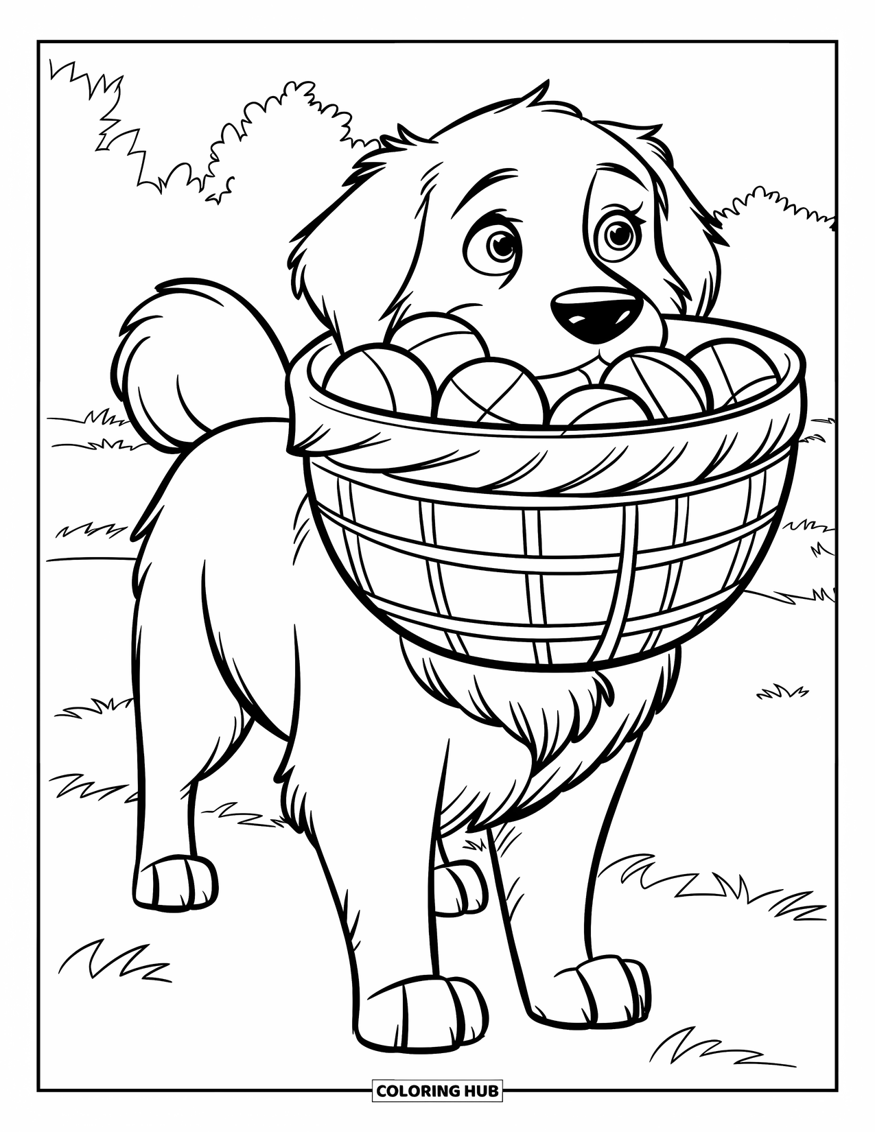 Golden Retriever Coloring Page for Kids: A cheerful retriever balances a basket of balls in a quiet field