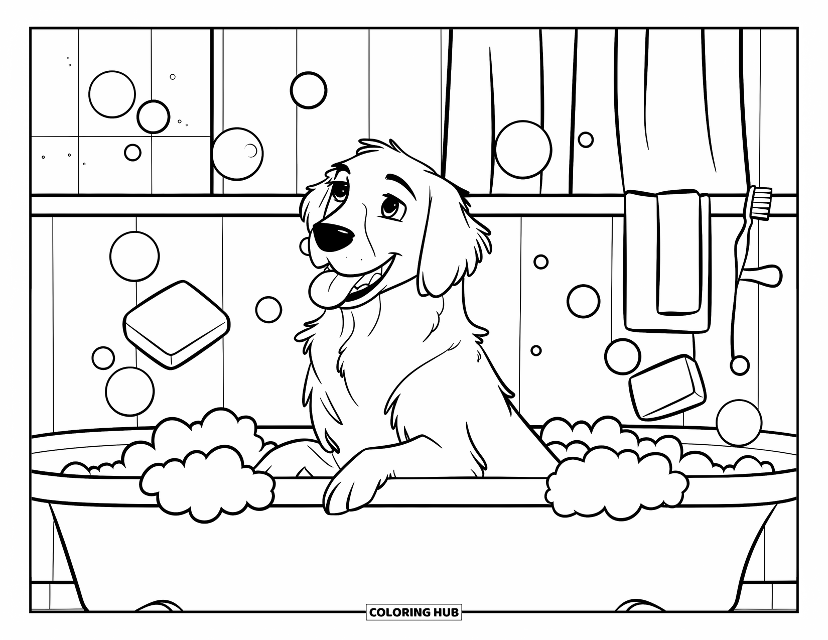 Golden Retriever Coloring Page for Kids: A fluffy retriever soaks in a bubbly tub with soap bars nearby