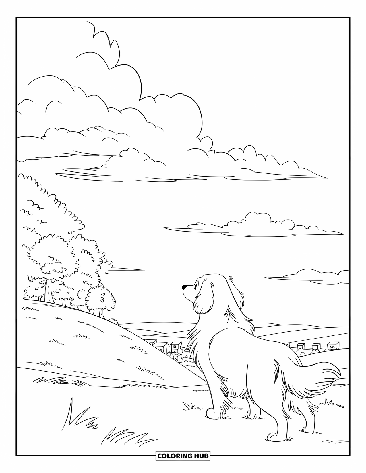 Golden Retriever Coloring Page for Kids: A golden retriever looks out from a quiet hill under soft clouds
