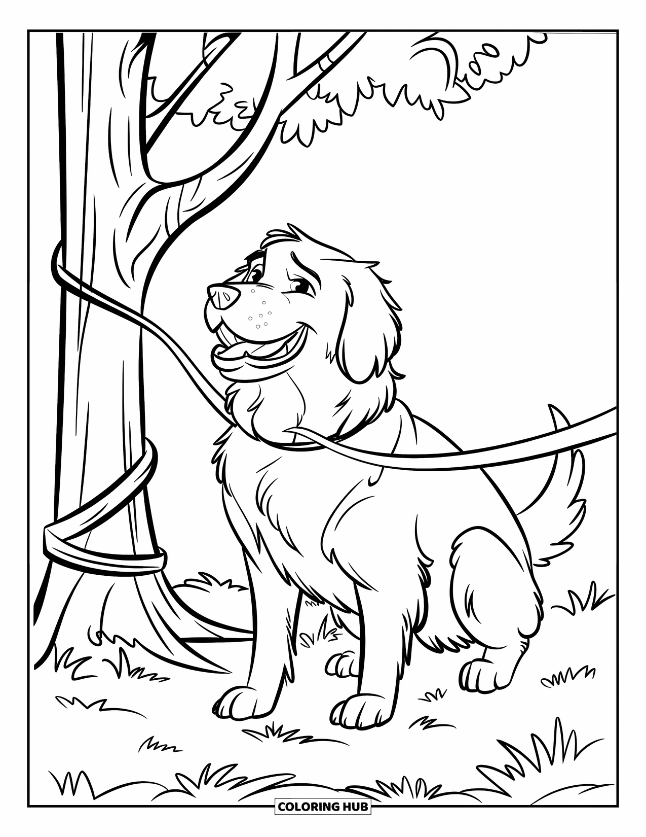 Golden Retriever Coloring Page for Kids: A playful pup barks with its leash caught on a low tree branch