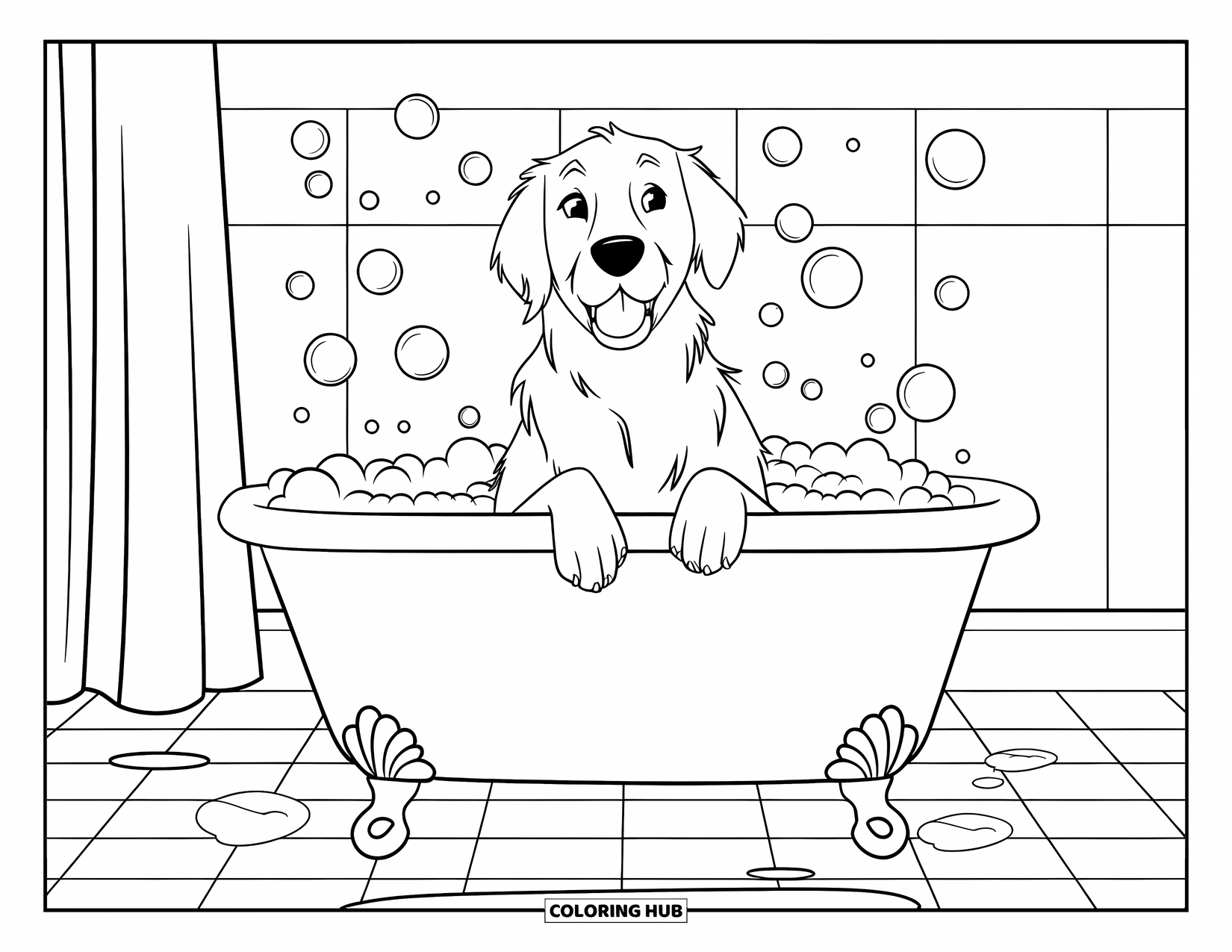 Golden Retriever Coloring Page for Kids: A playful retriever enjoys a bubble bath with floating soap all around