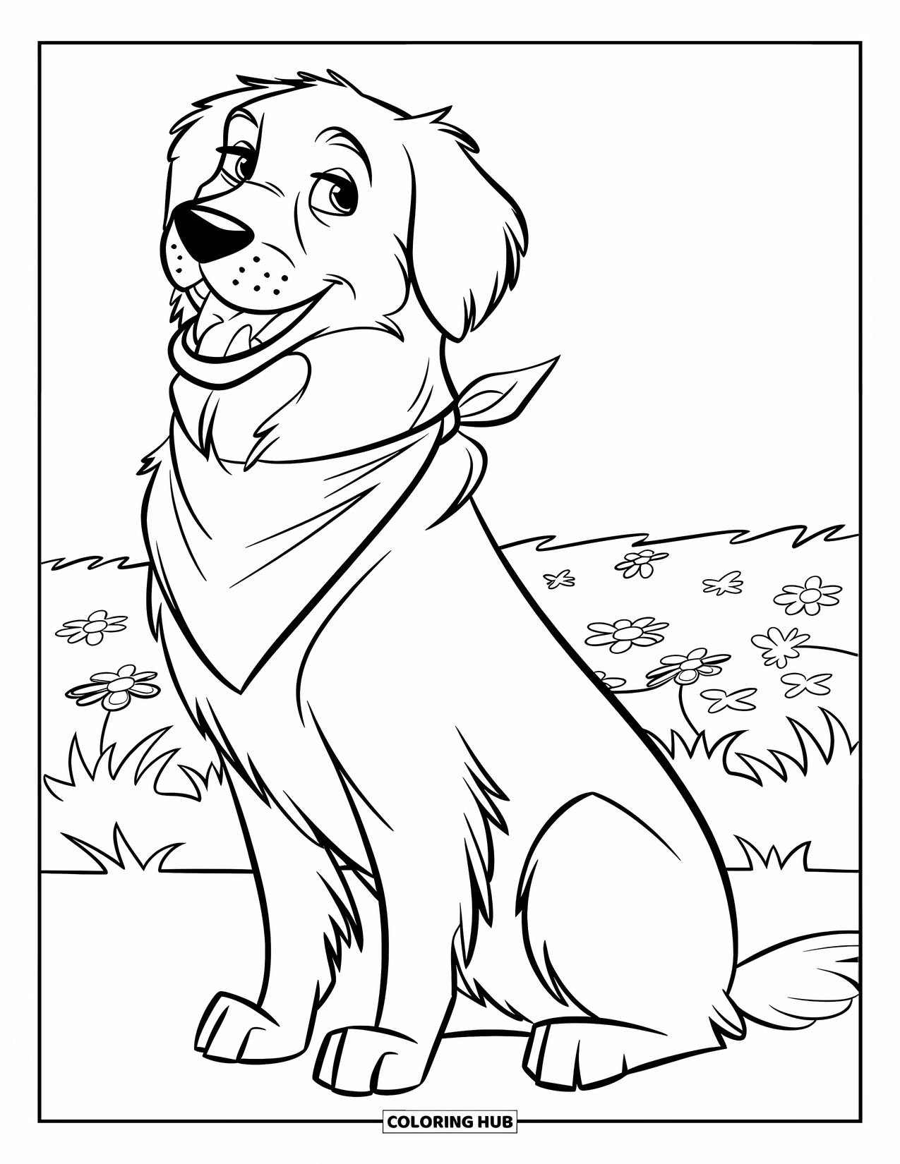 Golden Retriever Coloring Page for Kids: A proud retriever wears a bandana while sitting in a sunny field