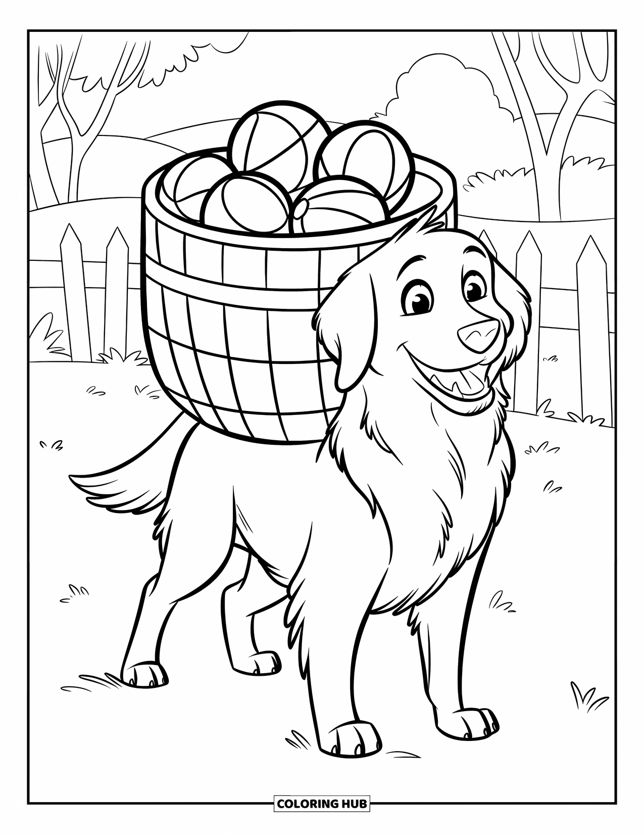 Golden Retriever Coloring Page for Kids: The dog carries a basket of balls with a happy grin on its face