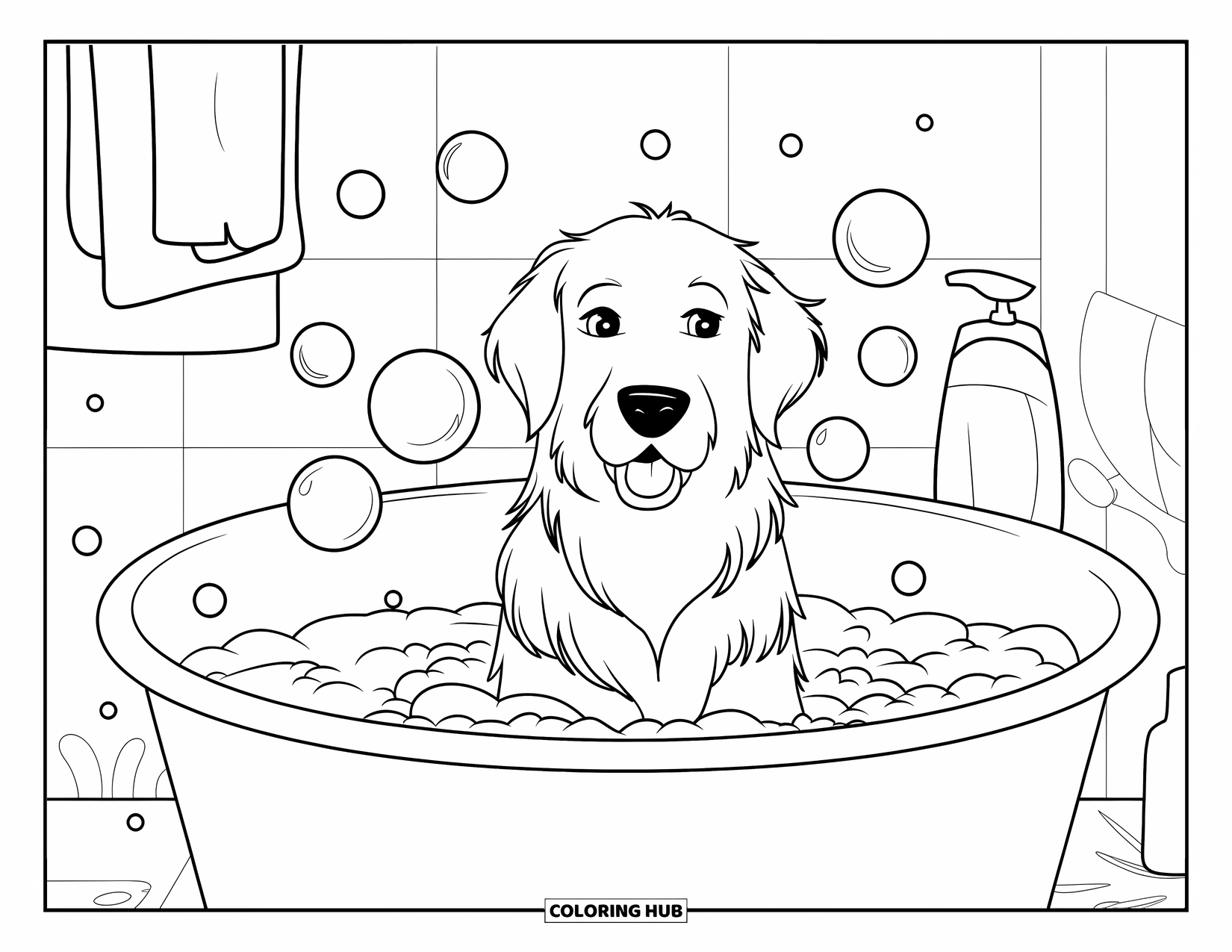 Golden Retriever Coloring Page for Kids: The dog sits in a warm bath surrounded by bubbles and a shampoo bottle