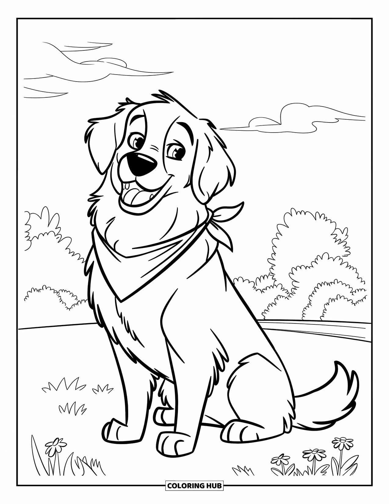 Golden Retriever Coloring Page for Kids: The dog sits with a wagging tail and flowers around its paws