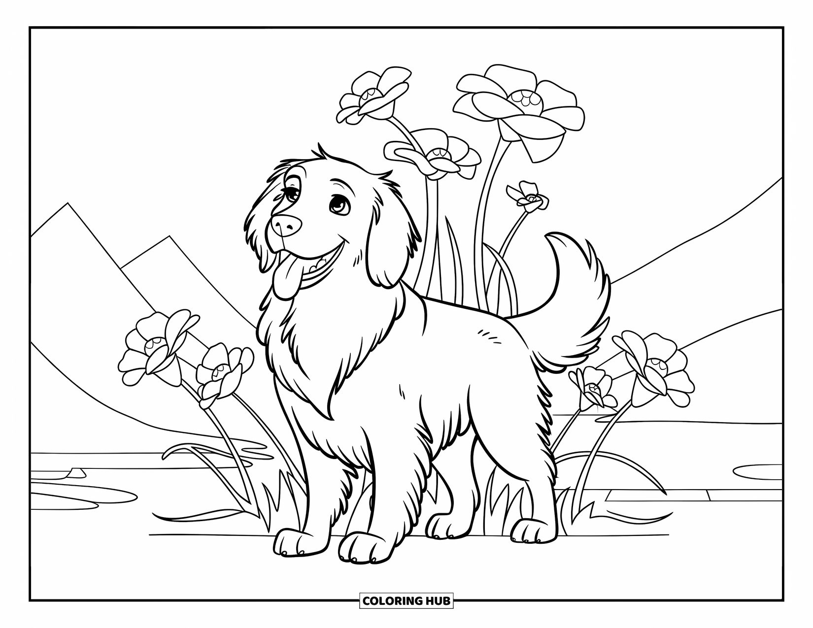 Golden Retriever Coloring Page for Kids: The dog smiles and wags its tail with flowers blooming behind
