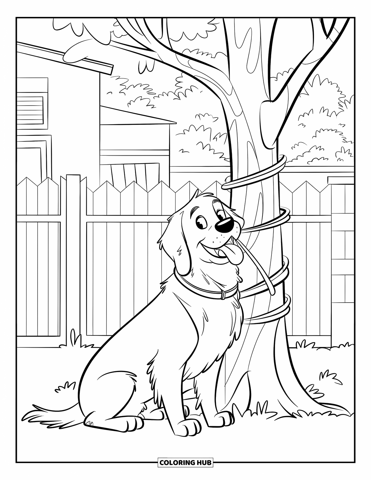 Golden Retriever Coloring Page for Kids: The dog smiles with its leash wrapped around a tree by a fence