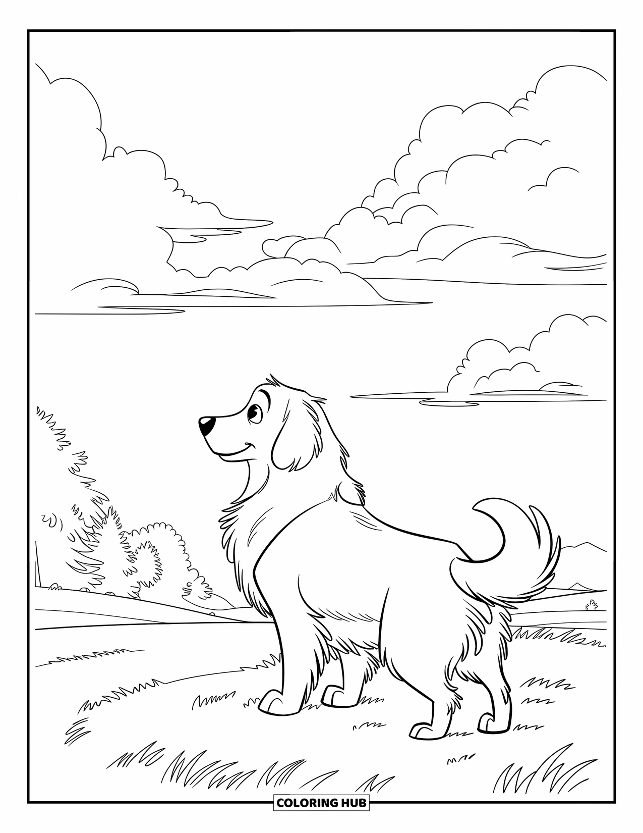 Golden Retriever Coloring Page for Kids: The pup stands on a grassy hill, gazing out beneath the fluffy clouds