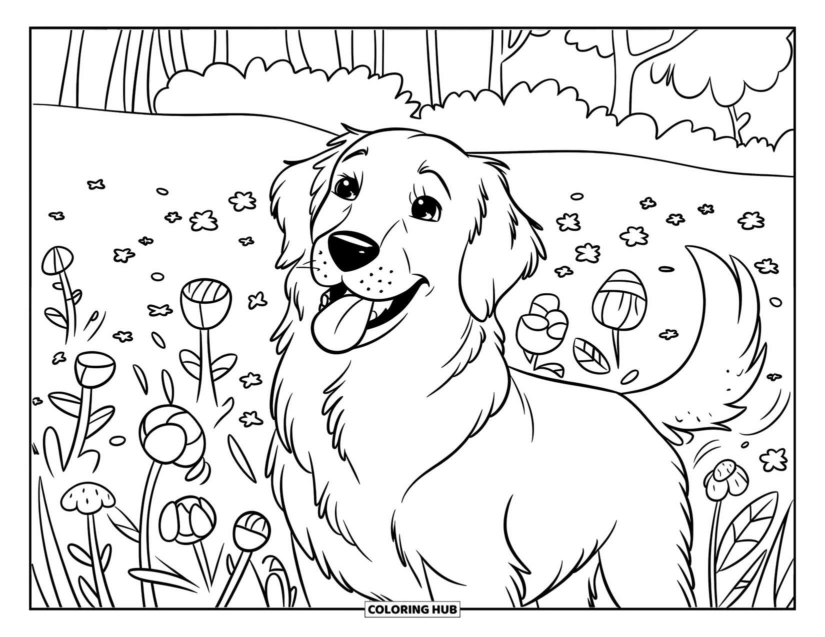 Golden Retriever Coloring Page for Kids: The retriever stands among colorful flowers with a joyful expression