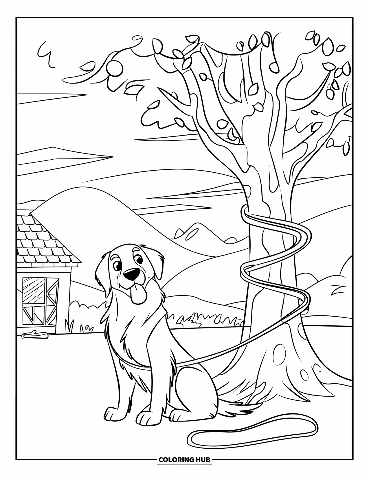 Golden Retriever Coloring Page for Kids: The retriever's leash is tangled around a tree near a small house