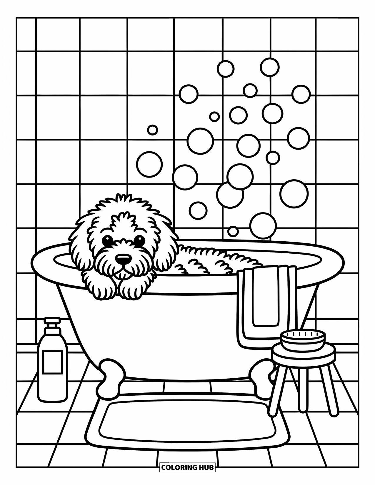 Goldendoodle Coloring Page for Adults: Fluffy goldendoodle in a tub with bubbles and a towel on a hook