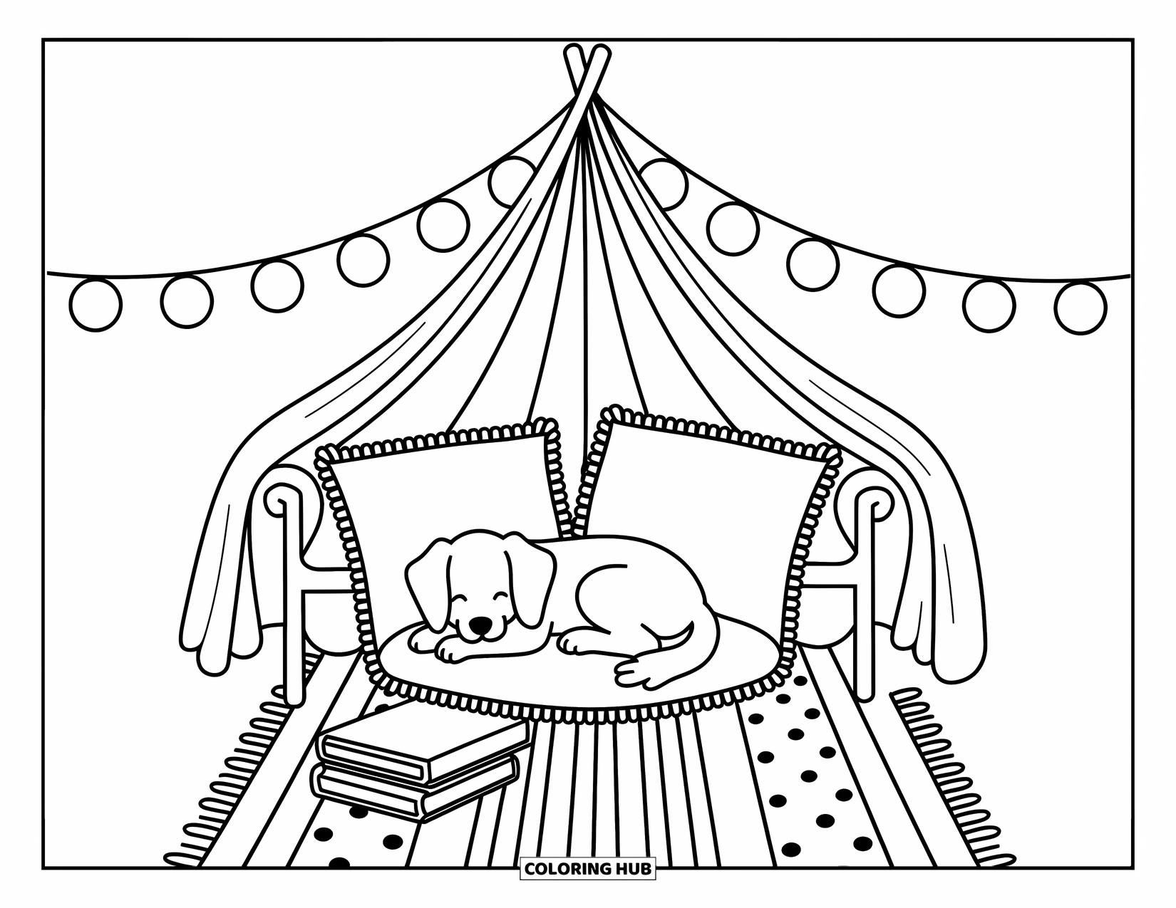 Goldendoodle Coloring Page for Adults: Fluffy goldendoodle resting in a blanket fort with books and lanterns