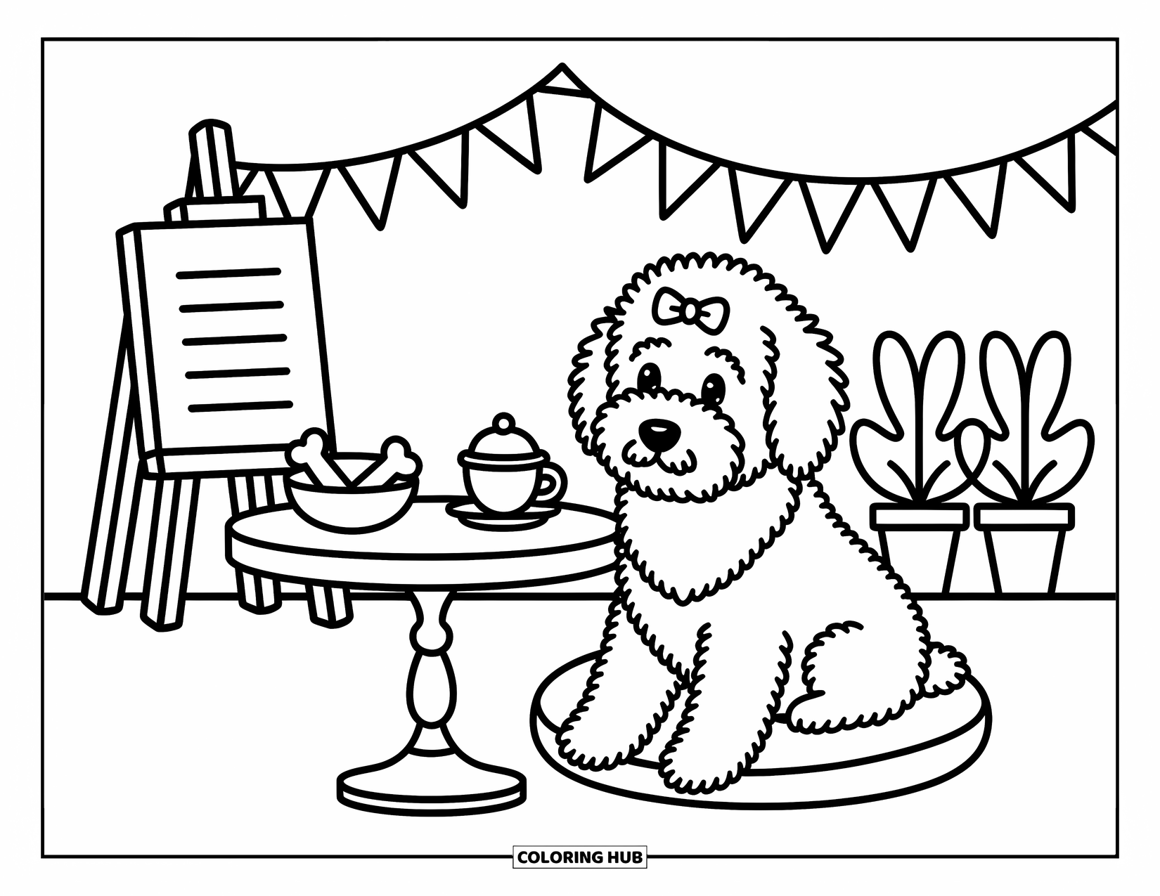 Goldendoodle Coloring Page for Adults: Fluffy goldendoodle with a bow sitting by a café table with treats and plants