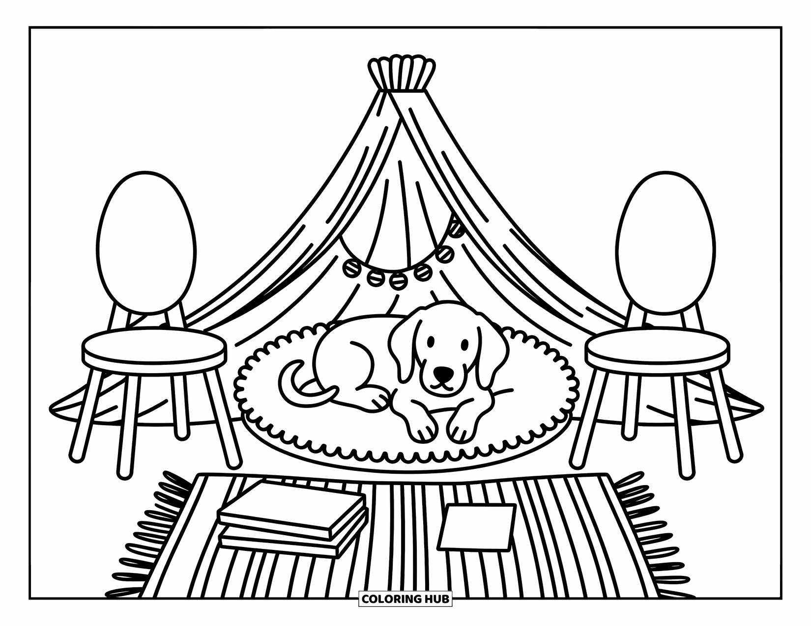 Goldendoodle Coloring Page for Adults: Goldendoodle curled up on a cushion inside a blanket fort with lantern lights