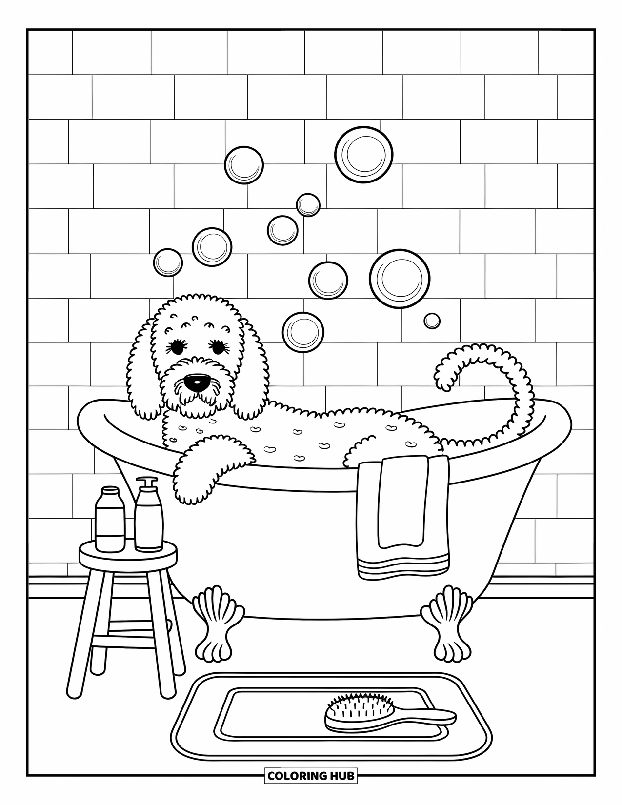 Goldendoodle Coloring Page for Adults: Goldendoodle in a tub with bubbles, towel, and grooming supplies nearby