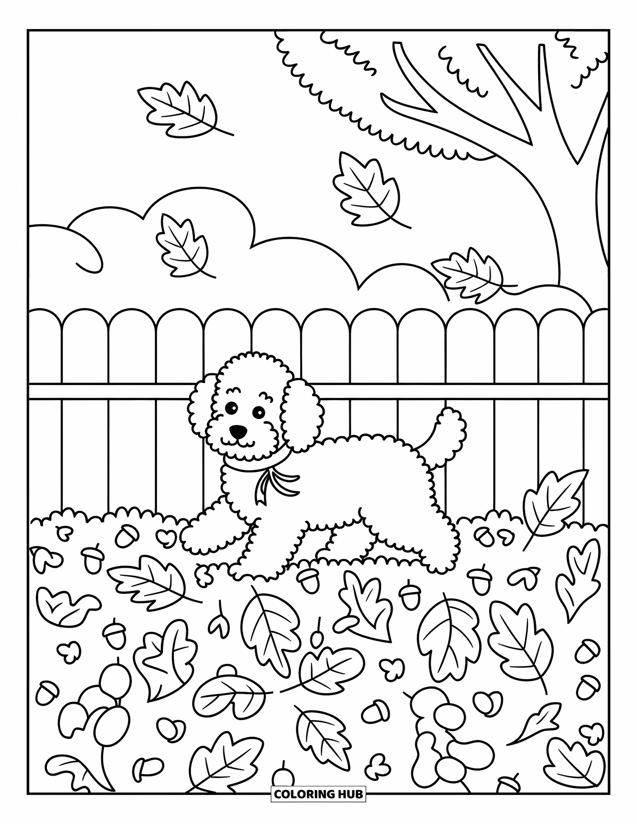 Goldendoodle Coloring Page for Adults: Goldendoodle mid-step through autumn leaves with a scarf and wooden fence