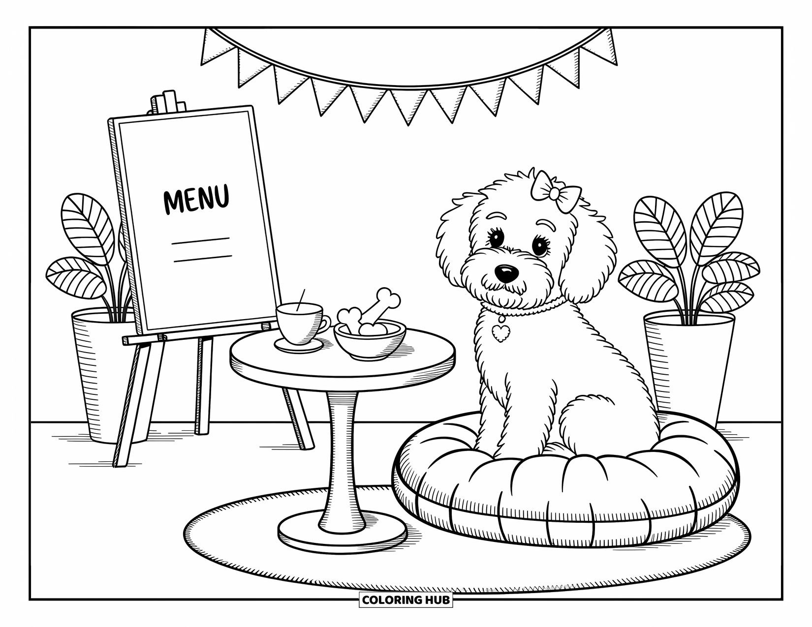 Goldendoodle Coloring Page for Adults: Goldendoodle on a plush cushion by a café table with biscuits and a drink