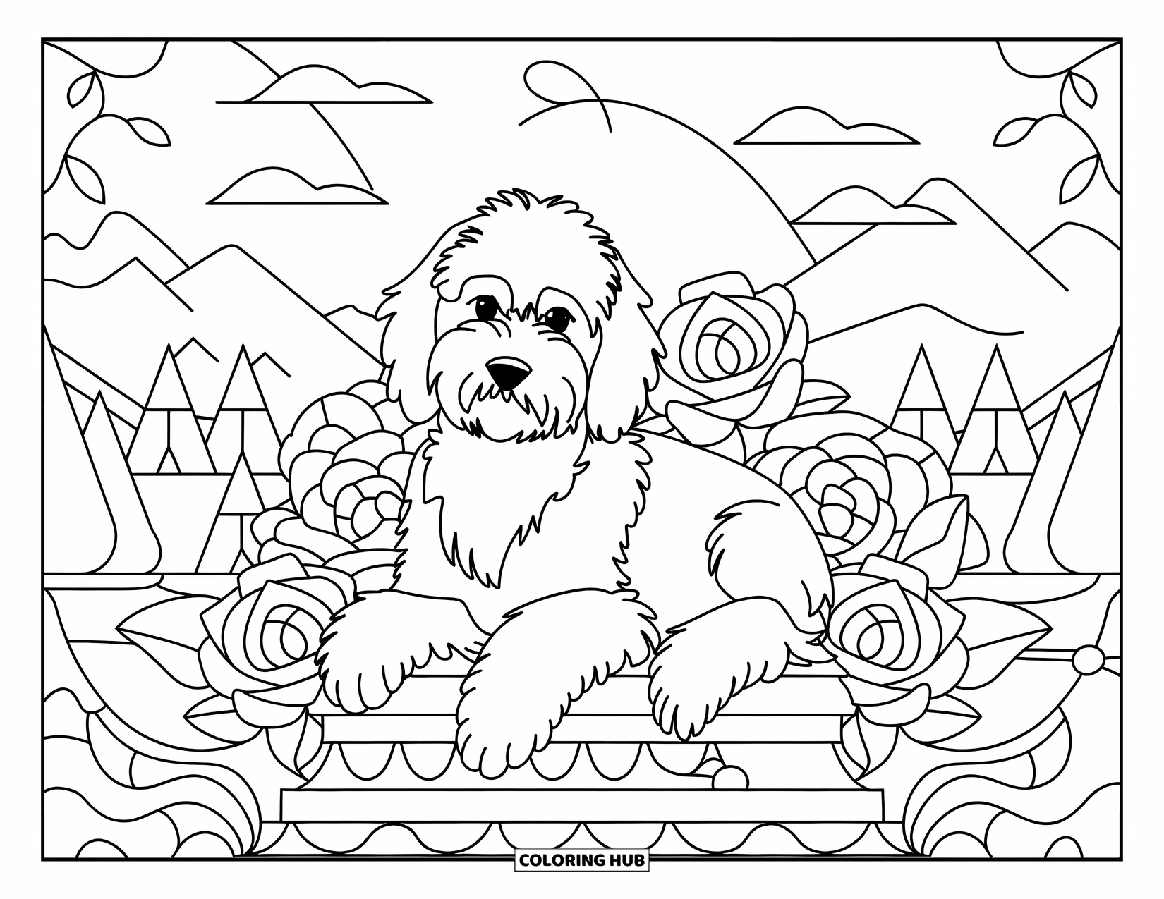 Goldendoodle Coloring Page for Adults: Goldendoodle on a stone base among stained-glass roses and nature scenery