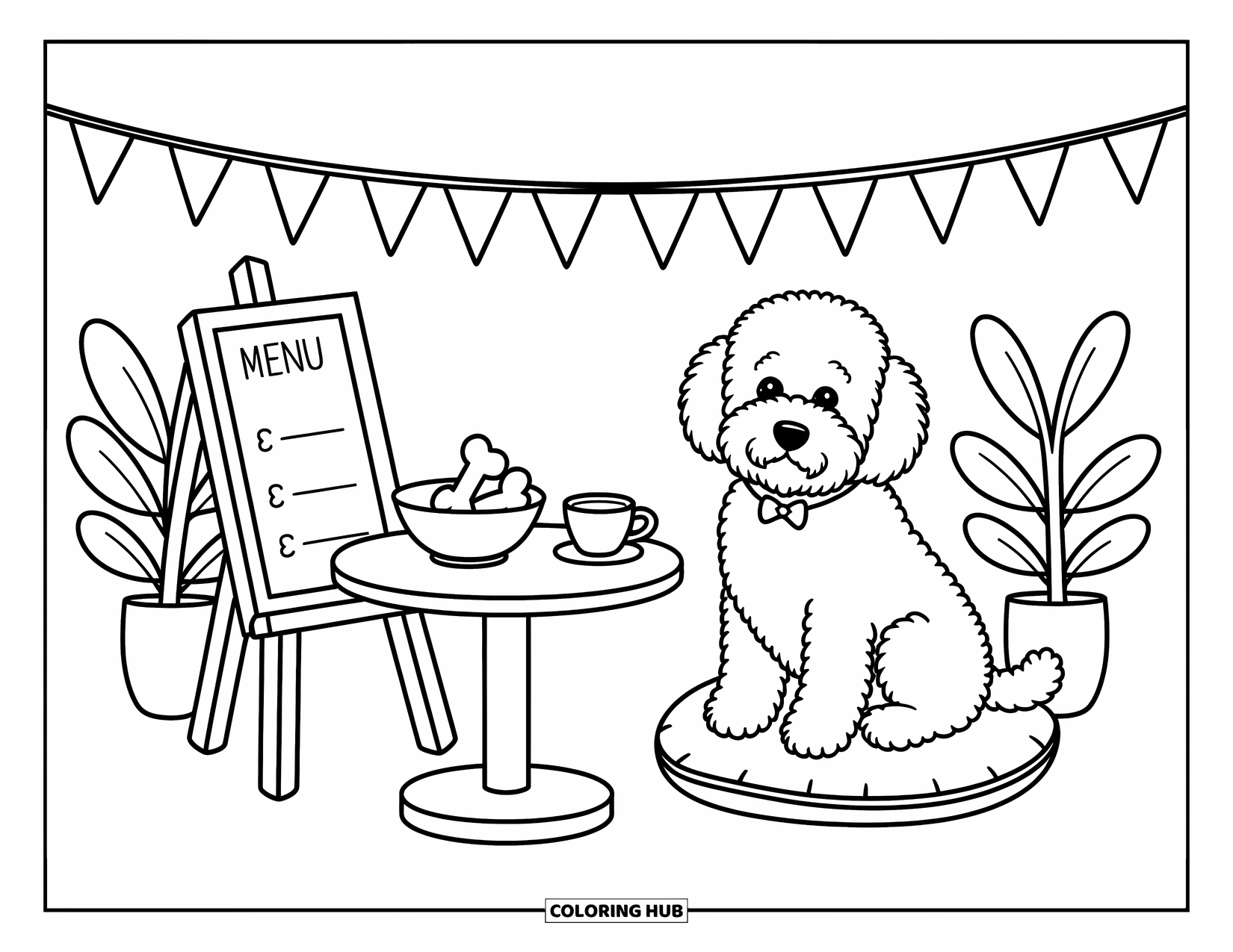 Goldendoodle Coloring Page for Adults: Goldendoodle seated on a cushion beside a café table with biscuits and a drink