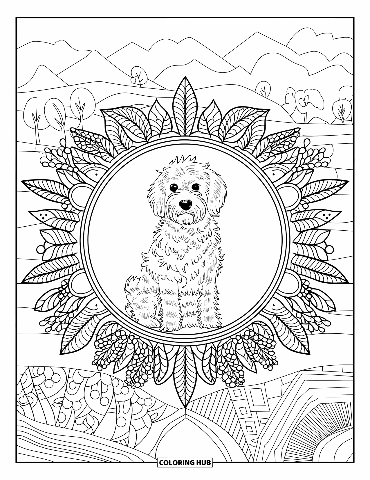 Goldendoodle Coloring Page for Adults: Goldendoodle sitting gracefully with a full-page botanical mandala