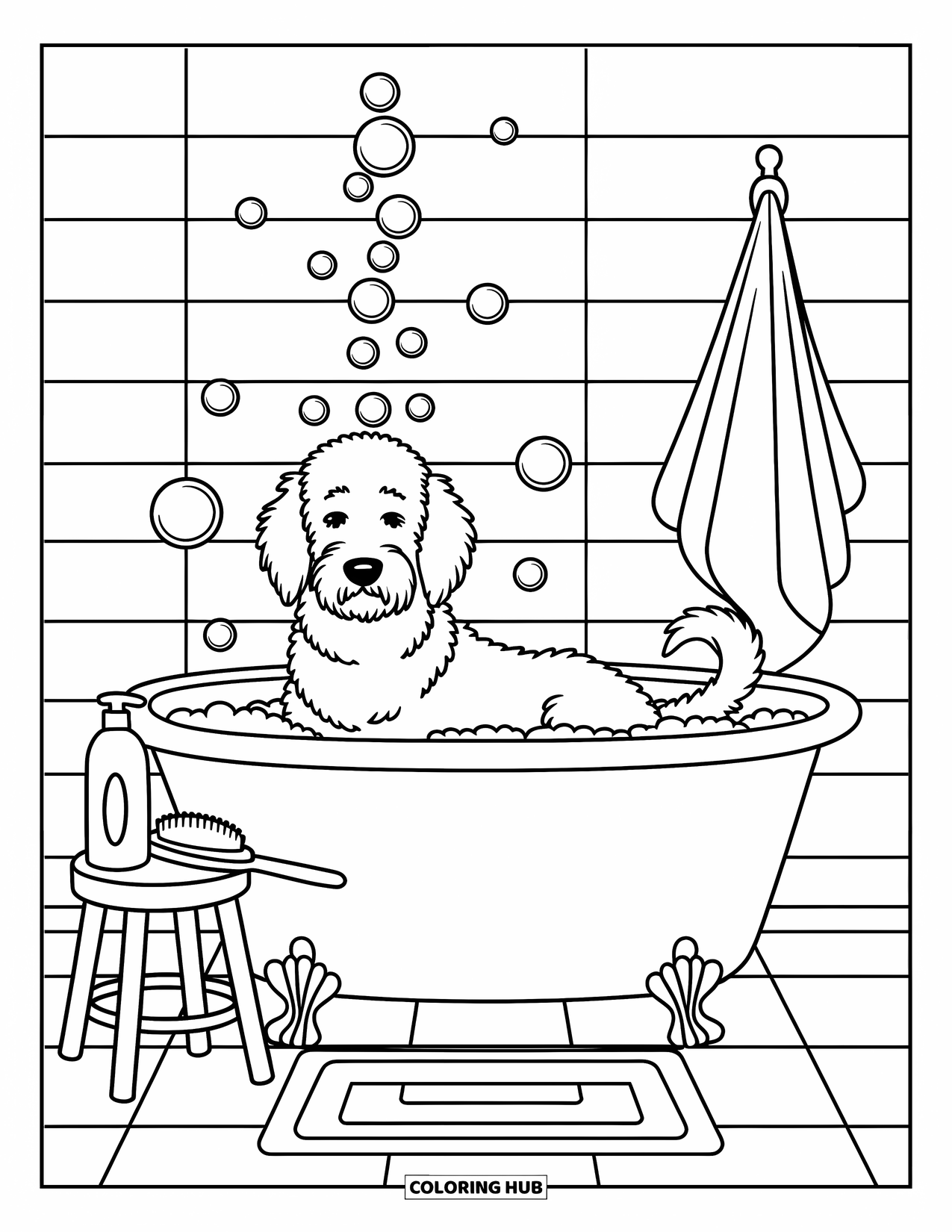 Goldendoodle Coloring Page for Adults: Goldendoodle sitting in a tub of bubbles with grooming supplies beside